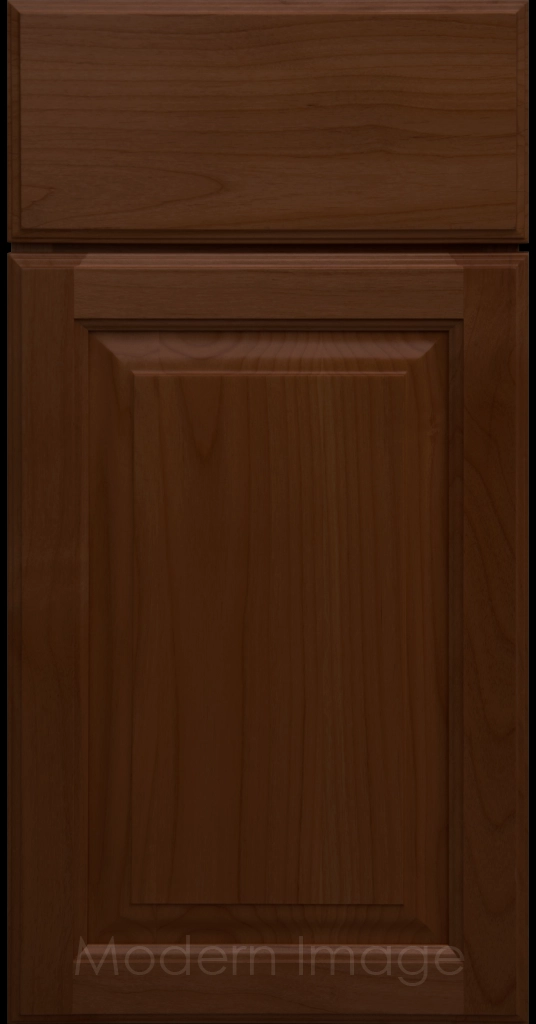 Pecan stained Hampton raised panel kitchen cabinets with flat slab drawer fronts.